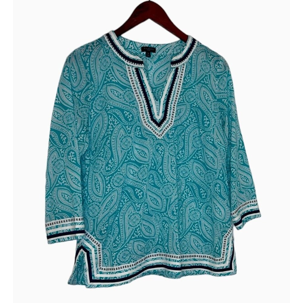 Talbots‎ Top Blue Green/White Embroidered V-Neck Pullover Tunic Small Petite